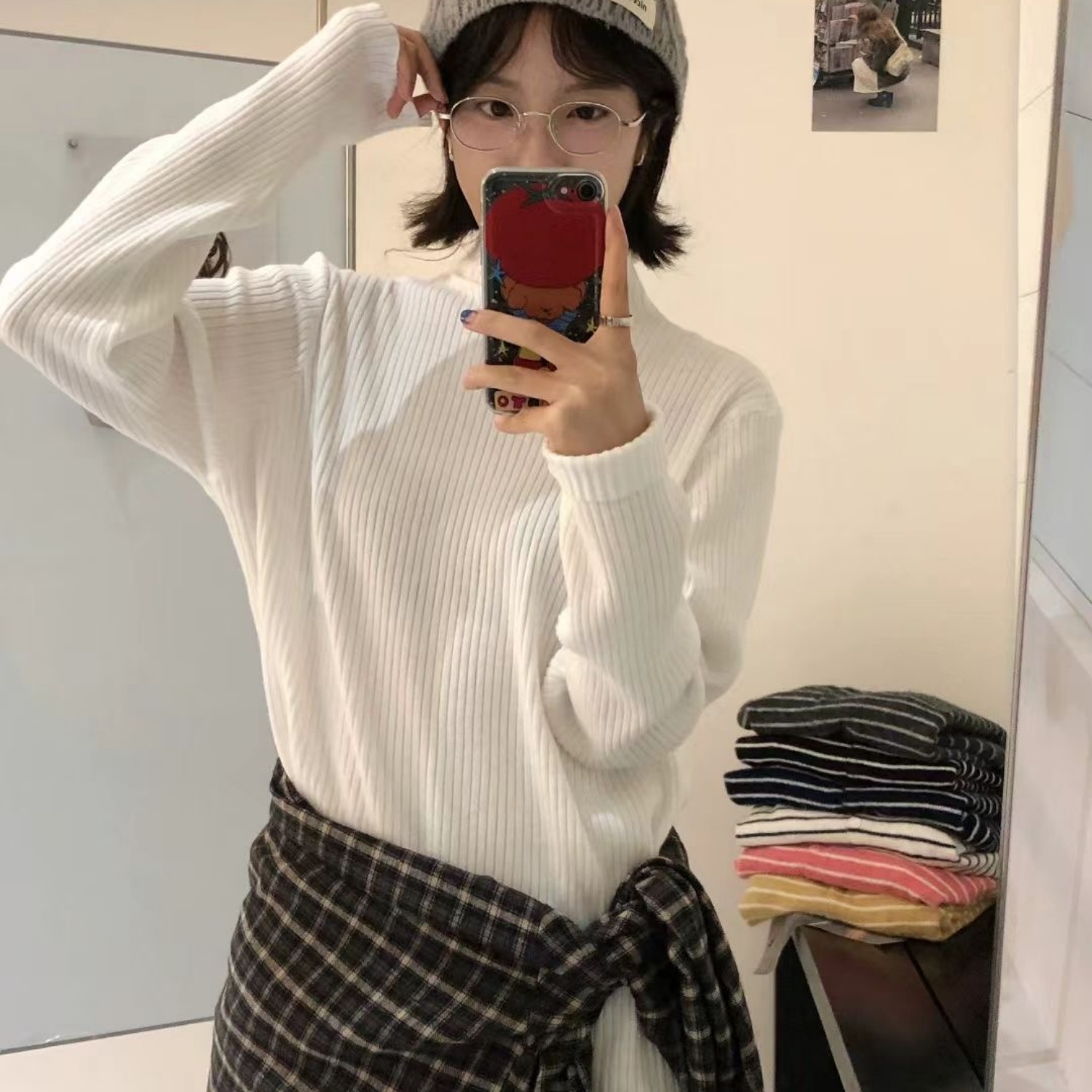 大7女M12577秋冬弹力宽松大码胖mm慵懒半高领坑条内搭针织打底衫