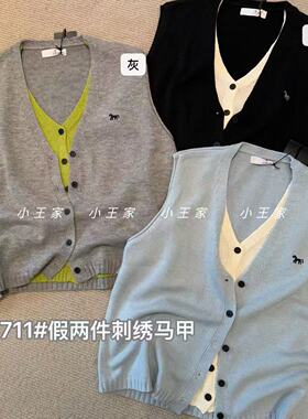 小王家3711春季韩版宽松大码胖mm休闲撞色假两件刺绣针织开衫马甲