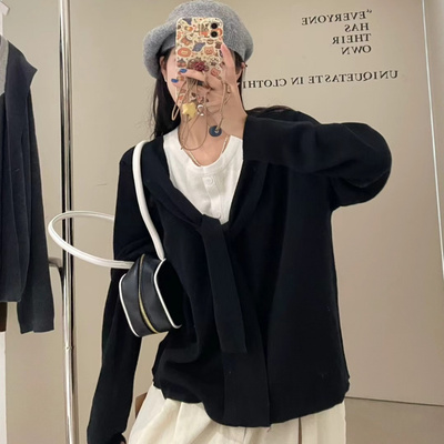 大7女12503秋季韩版宽松大码胖mm休闲松弛长袖假两件拼接针织上衣