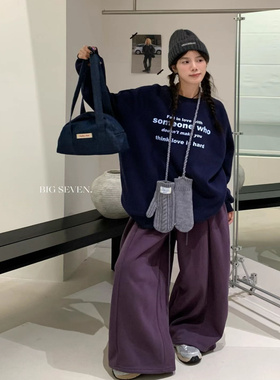 大7女装78389冬加厚加绒保暖宽松大码胖mm慵懒休闲风字母圆领卫衣