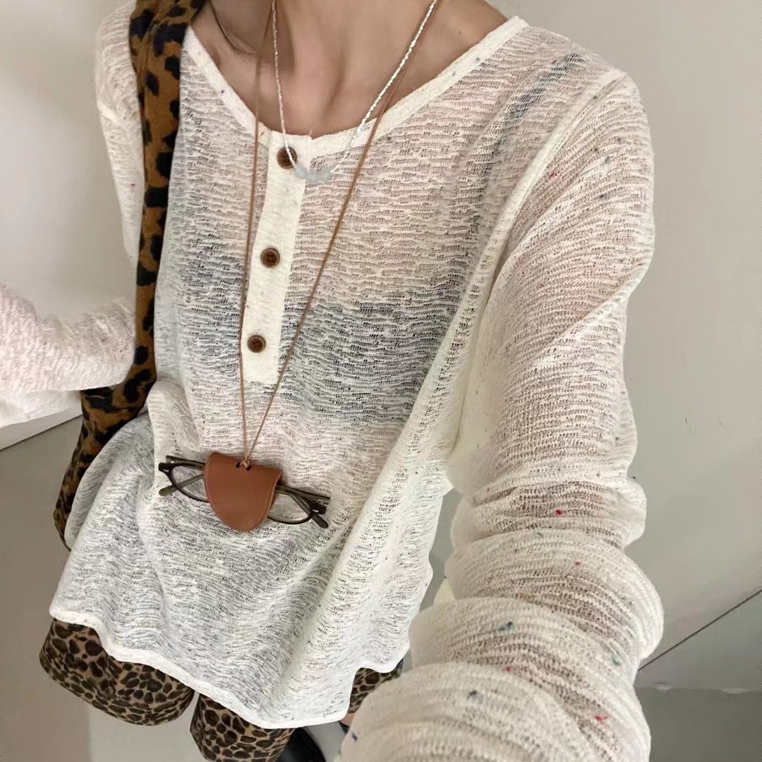 大7女夏季性感透视宽松大码胖mm休闲慵懒风长袖彩点防晒罩衫上衣