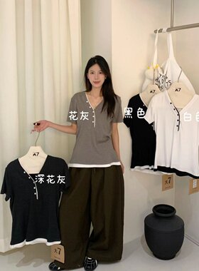 大7女装32720春夏小个宽松大码胖mm慵懒休闲风V领纽扣拼接短袖T恤