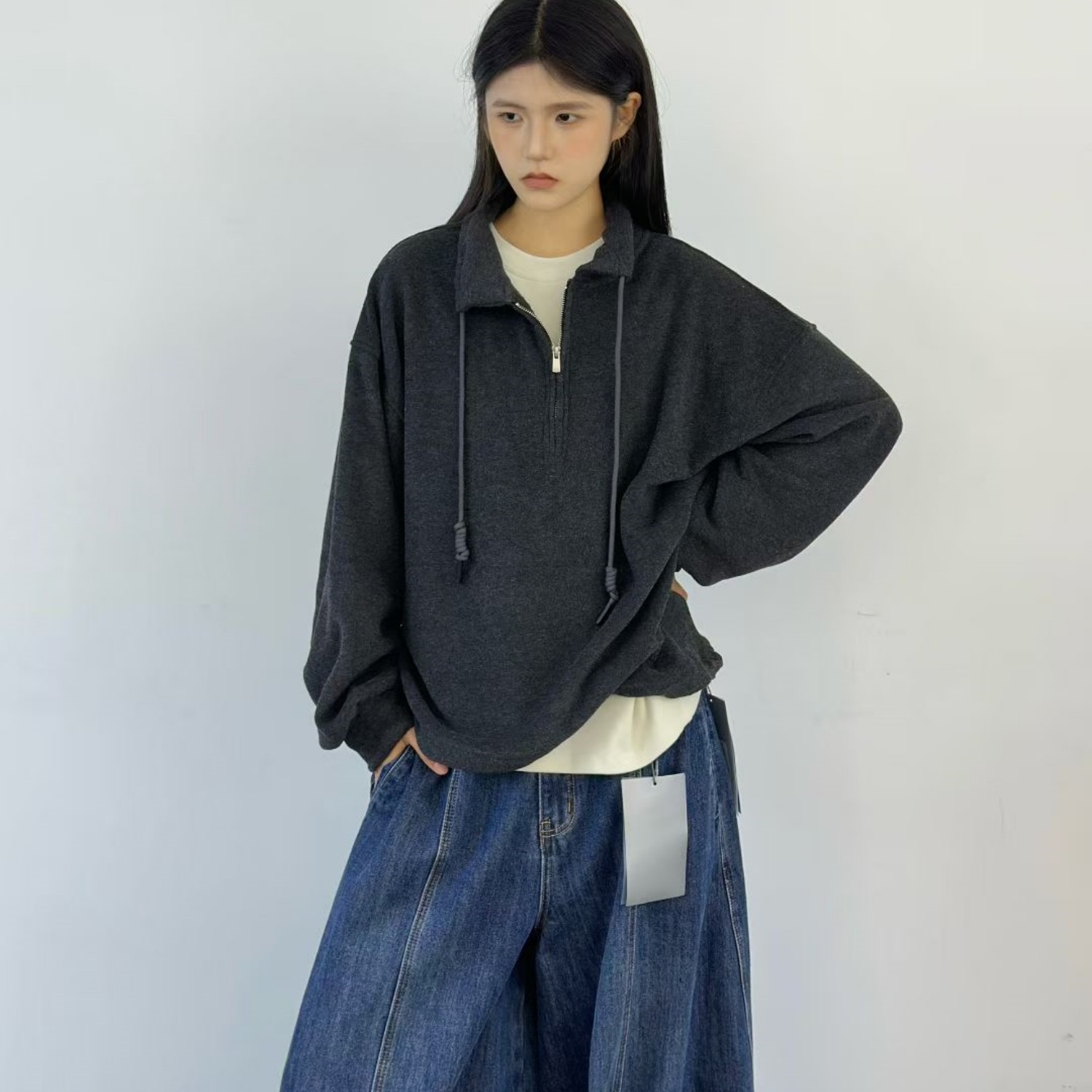 becabeau女561892冬新品宽松大码胖mm慵懒休闲半拉链翻领绒感卫衣