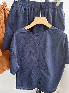 WE女装58108夏女韩版宽松胖mm休闲慵懒风短袖套头衬衫短裤两件套