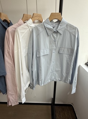 小王家82137春夏矮胖mm韩版宽松大码休闲慵懒风抽绳防晒长袖衬衫