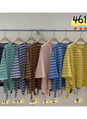 WE女装46111春夏韩版宽松大码胖mm慵懒休闲风圆领条纹开衩短袖T恤