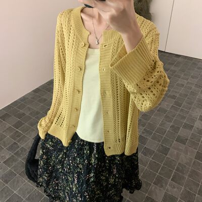 胖mm慵懒松弛风镂空针织开衫上衣