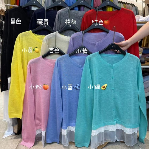 大7女春夏时尚韩版宽松大码胖mm慵懒风蕾丝薄款针织防晒开衫外套