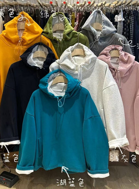 WE女装451181冬加绒韩版宽松大码胖mm慵懒休闲风百搭连帽抽绳卫衣