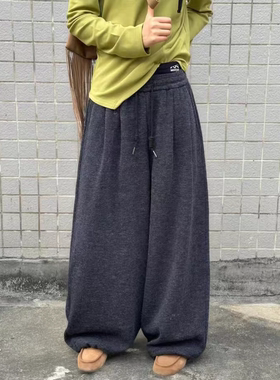 becabeau冬女垂感酷飒宽松大码胖mm慵懒休闲阔腿加绒加厚糯米长裤