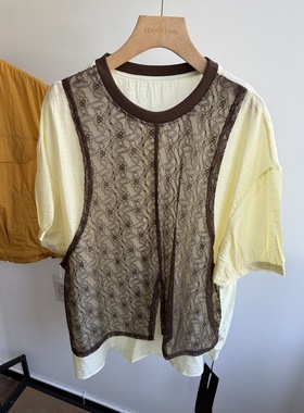 小王家73183夏女韩版宽松大码胖mm休闲慵懒风蕾丝拼接假两件衬衫