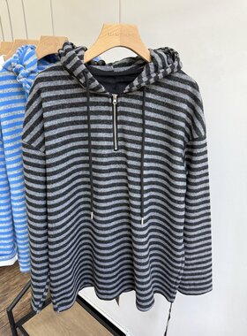 小王家73377冬女新款加绒条纹韩版宽松大码胖mm慵懒休闲连帽卫衣