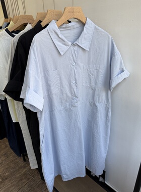 小王家90128夏女新款韩版宽松大码胖mm休闲慵懒风翻领短袖连衣裙