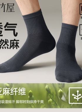 袜子男夏季薄款中筒袜网眼透气吸汗抗菌防臭亚麻新款黑色男士棉袜