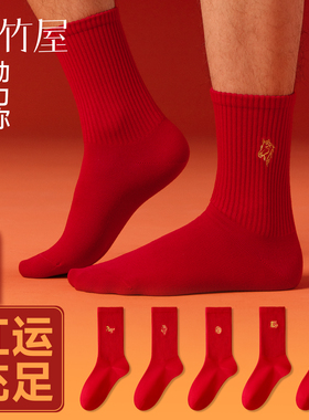 马年本命年红色袜子男款刺绣纯棉中筒秋冬季加厚10A抗菌防臭长袜