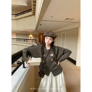 FF BLUE 咖啡曲奇 羊毛马海毛食物系刺绣针织开衫短款拉链外套秋