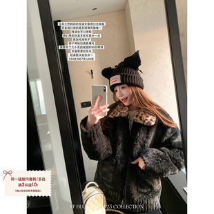 保暖仿真羊驼毛狐狸毛环保皮草羽绒服外套女冬 豹纹小咪 BLUE