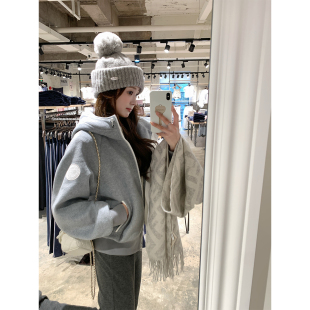 百搭连帽毛呢夹棉外套高级感浅灰色短款 新款 轻氧感 上衣 BLUE