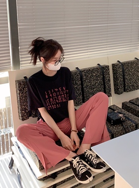 FF BLUE 慵懒假日 可爱抽绳撞色T恤女百搭显瘦圆领休闲黑色短袖夏