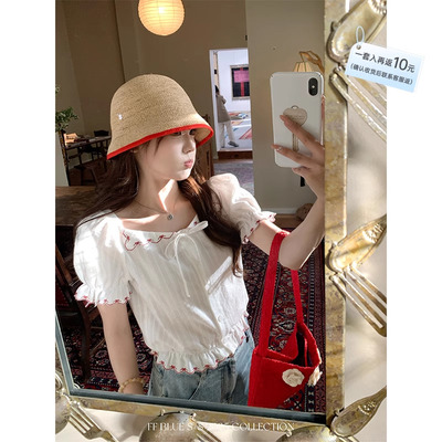 FFBLUE提花刺绣蝴蝶结衬衫