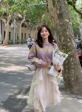 FF BLUE 紫罗兰花园 原创梦幻紫色渐变针织衫女毛衣气质温柔上衣