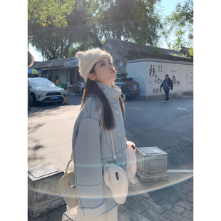 两色麂皮绒皮毛一体上衣新款 午夜琥珀 设计感立领外套女 BLUE