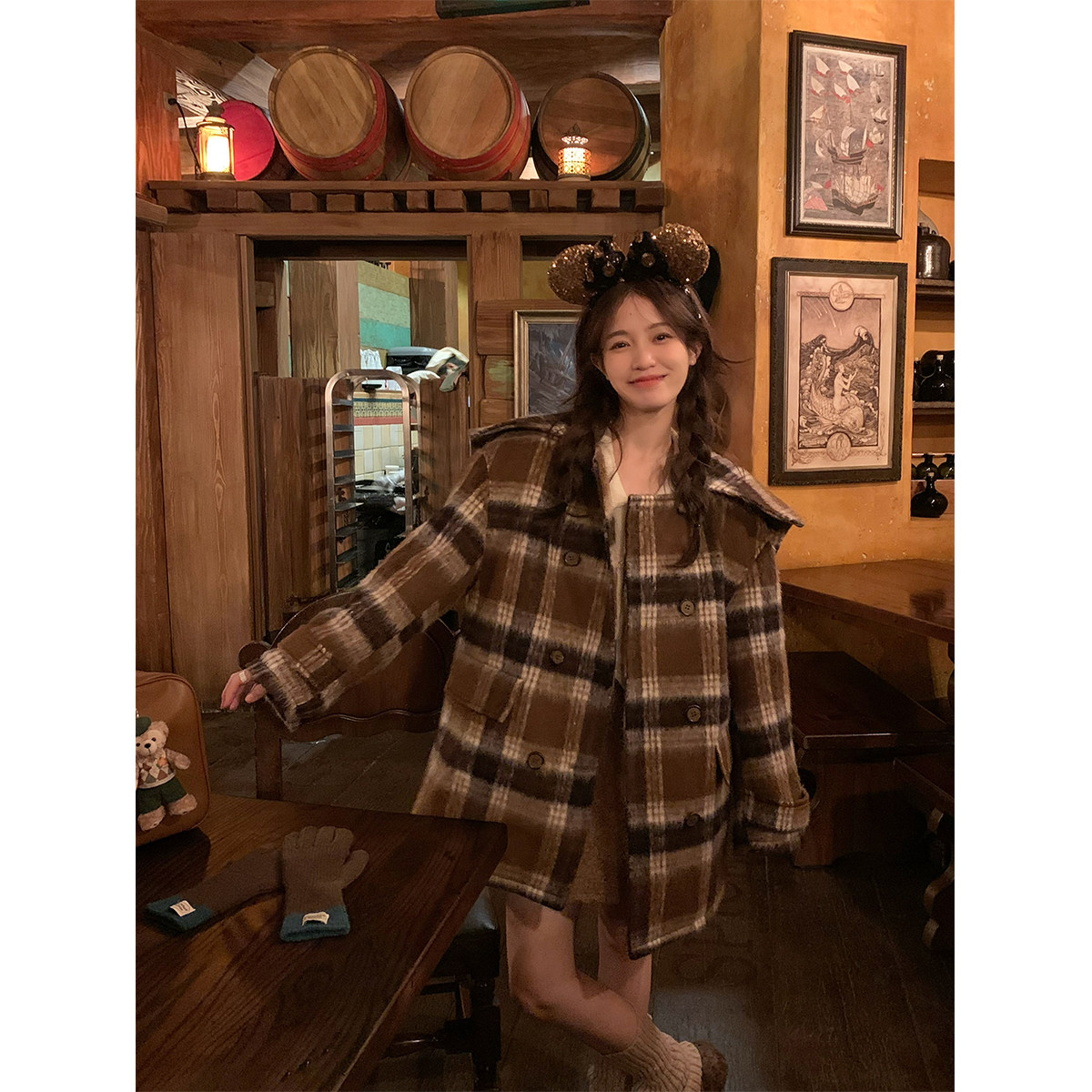 FF BLUE 微醺图书馆 格纹拉毛双排扣羊毛大衣复古加棉宽松外套女,女装/女士精品,毛呢外套,淘宝优惠券,粉丝福利购,淘宝优惠卷