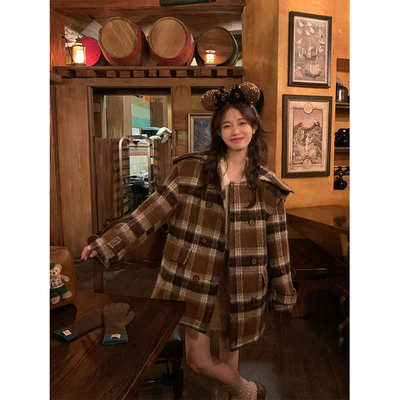 大衣加棉外套羊毛格纹复古双排扣