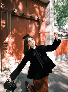 FF BLUE 乌木与佛手柑 丝绒娃娃领夹棉蝴蝶结外套法式设计感上衣