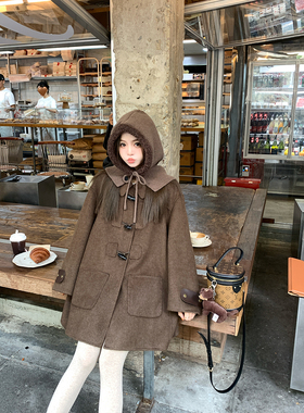 FF BLUE焦糖司康 60羊毛林娜琏同款牛角扣大衣学院风复古毛呢外套