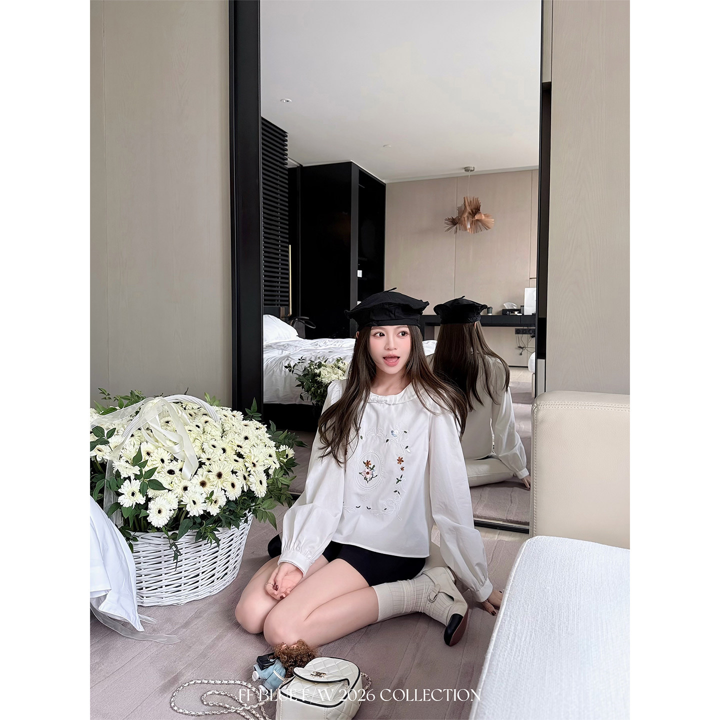 FFBLUE小白花立体刺绣花卉衬衫