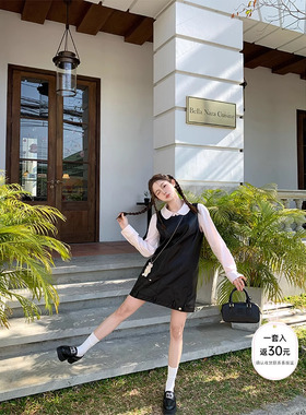 FF BLUE【Rose同款】千金感黑色pu皮背心裙少女粉色衬衫甜酷套装