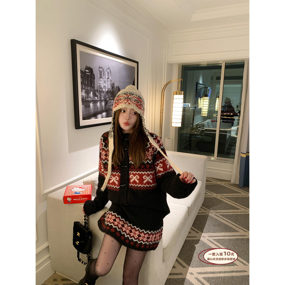 FF BLUE 情迷费尔岛 2色氛围感羊驼长毛蝴蝶结牛角扣毛衣提花半裙