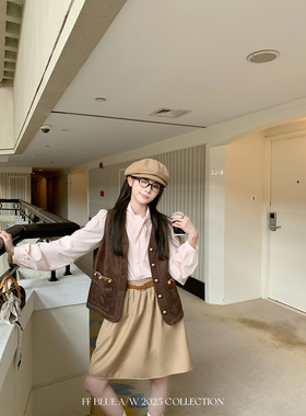 FF BLUE 复古杂志社 元气休闲斜纹A字中裙秋日通勤西装高腰半裙女