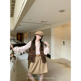 FF BLUE 复古杂志社 元气休闲斜纹A字中裙秋日通勤西装高腰半裙女