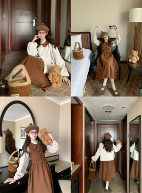 FF BLUE 魔法森林 30羊毛娃娃领连衣裙灯笼袖毛呢外套小个子套装