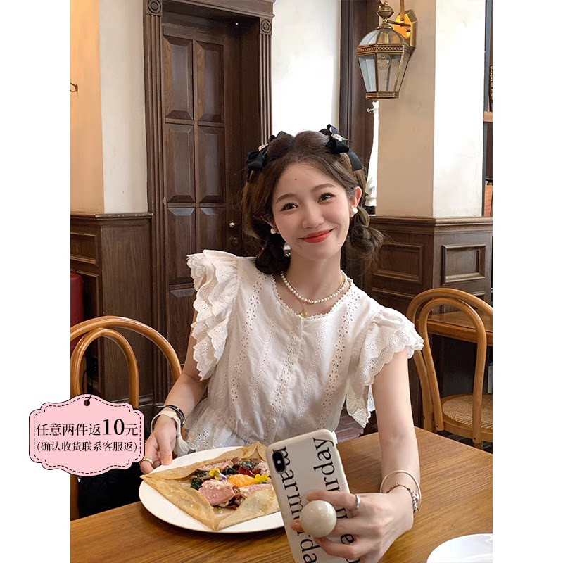 FF BLUE 香草可露丽 白/蓝法式小飞袖上衣精致花边少女蛋糕裙套装