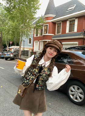 FF BLUE 绝美中古 乖妹刺绣烫金复古马甲描边灯笼袖衬衫