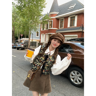 衬衫 乖妹刺绣烫金复古马甲描边灯笼袖 绝美中古 BLUE