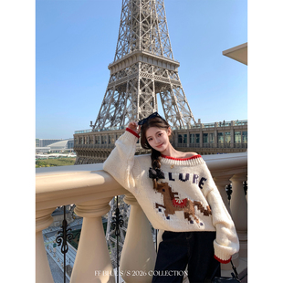 FF BLUE 马上有钱  节日氛围感斜肩上衣撞色粗棒针织小马新年毛衣