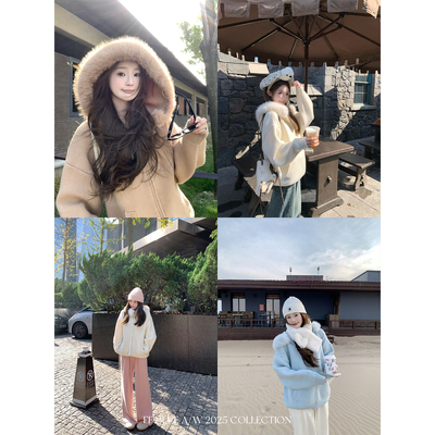 FFBLUE大毛领连帽针织外套