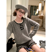 2色波点羊毛花边蝴蝶结毛衣慵懒设计感百搭上衣 小步舞曲 BLUE