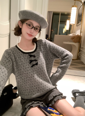 FF BLUE 小步舞曲 2色波点羊毛花边蝴蝶结毛衣慵懒设计感百搭上衣