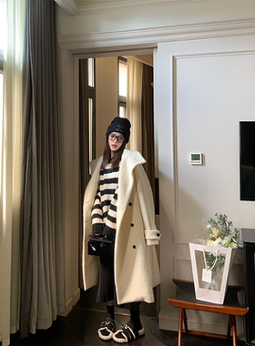 FF BLUE 白色恋人 奶酪纹高级感白色厚实羊毛呢长大衣外套女秋冬