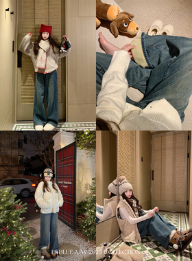 FF BLUE 暖气片加绒复古直筒水洗牛仔裤阔腿显瘦遮胯保暖百搭长裤