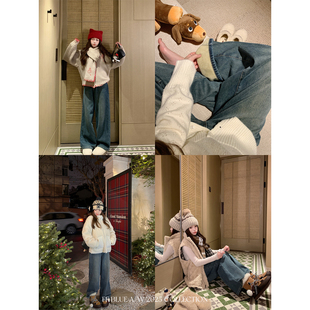 FF BLUE 暖气片加绒复古直筒水洗牛仔裤阔腿显瘦遮胯保暖百搭长裤