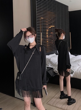 FF BLUE 心机宵夜裙 流苏破洞透肤小性感黑色纹理衬衫裙女连衣裙