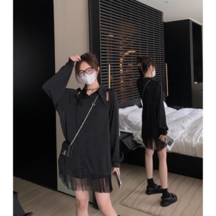 流苏破洞透肤小性感黑色纹理衬衫 心机宵夜裙 裙女连衣裙 BLUE