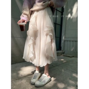 质感巨赞仙气花边百搭纱裙半身裙2022新款 湖面晨雾 裙子 BLUE