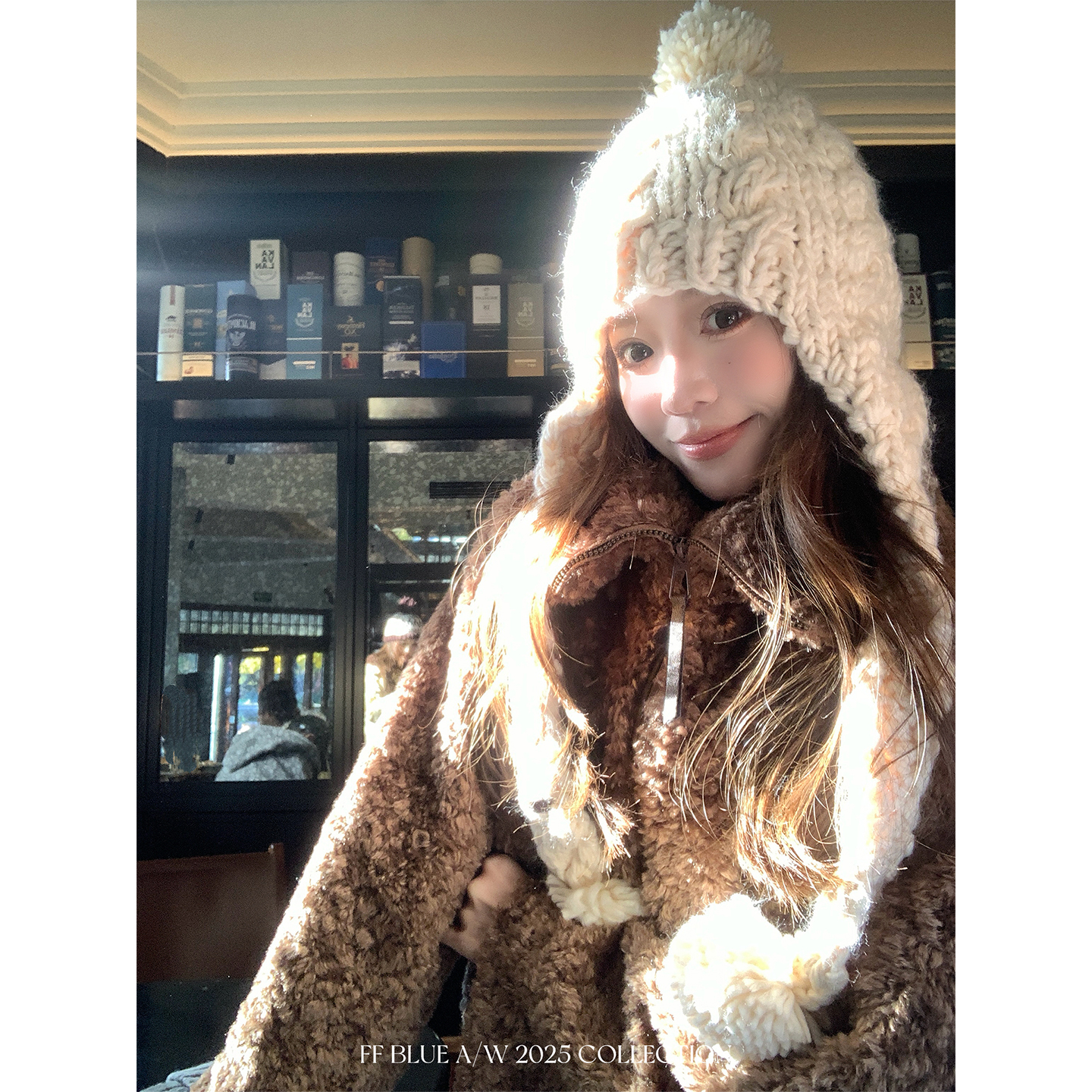 FFBLUE手工编织粗棒毛球针织帽